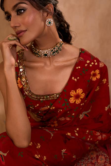 Buy_Mehak Murpana X AZA_Red Crepe Embroidery Square Neck Floral Print Pre-draped Saree With Blouse _Online_at_Aza_Fashions
