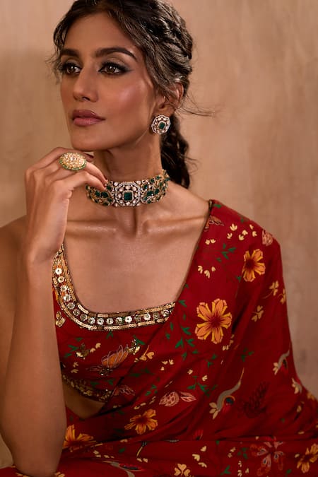 Shop_Mehak Murpana X AZA_Red Crepe Embroidery Square Neck Floral Print Pre-draped Saree With Blouse _Online_at_Aza_Fashions