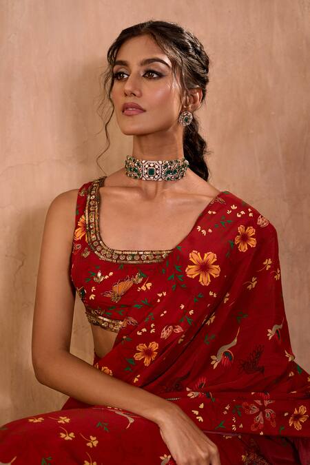 Mehak Murpana X AZA_Red Crepe Embroidery Square Neck Floral Print Pre-draped Saree With Blouse _at_Aza_Fashions