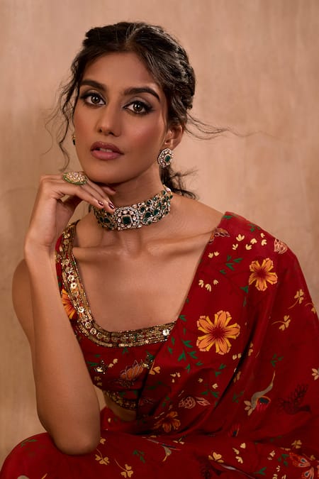 Shop_Mehak Murpana X AZA_Red Crepe Embroidery Square Neck Floral Print Pre-draped Saree With Blouse 