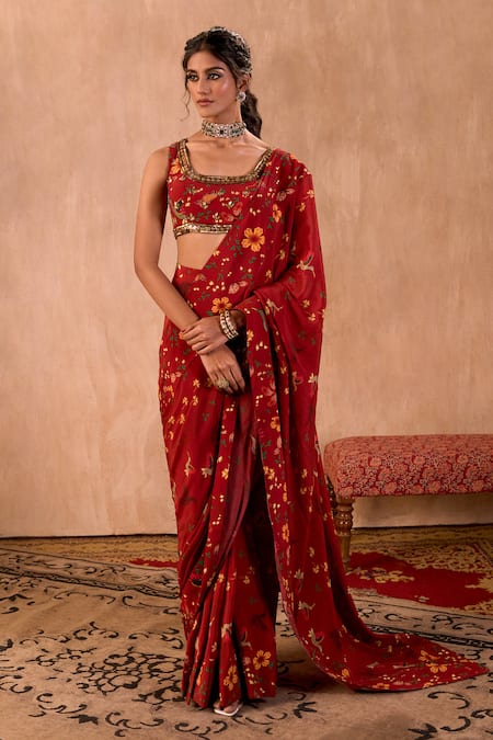 Mehak Murpana X AZA Floral Print Pre-Draped Saree With Blouse 