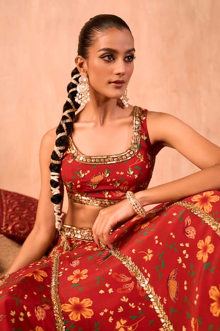 Buy_Mehak Murpana X AZA_Red Crepe, Organza Embroidery, Zari Square Neck Floral Print Lehenga Set _Online_at_Aza_Fashions