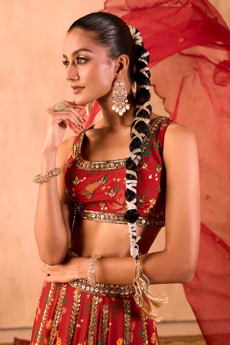 Shop_Mehak Murpana X AZA_Red Crepe, Organza Embroidery, Zari Square Neck Floral Print Lehenga Set _Online_at_Aza_Fashions