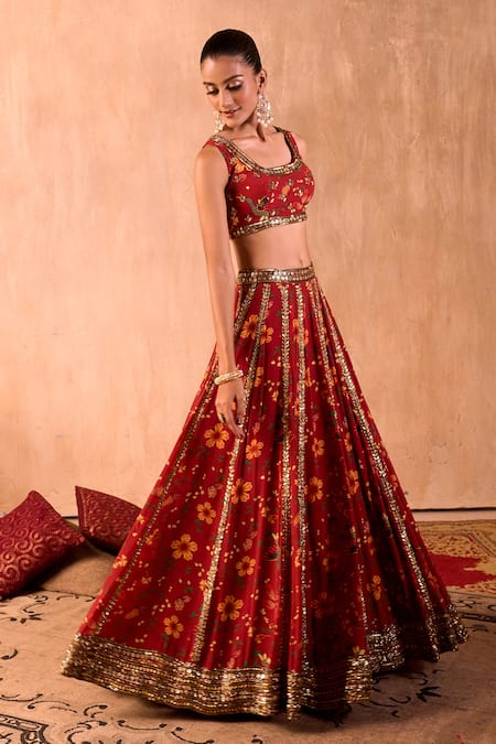 Mehak Murpana X AZA_Red Crepe, Organza Embroidery, Zari Square Neck Floral Print Lehenga Set _at_Aza_Fashions