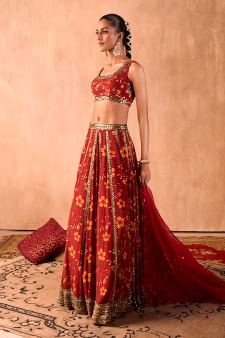 Mehak Murpana X AZA_Red Crepe, Organza Embroidery, Zari Square Neck Floral Print Lehenga Set _Online_at_Aza_Fashions