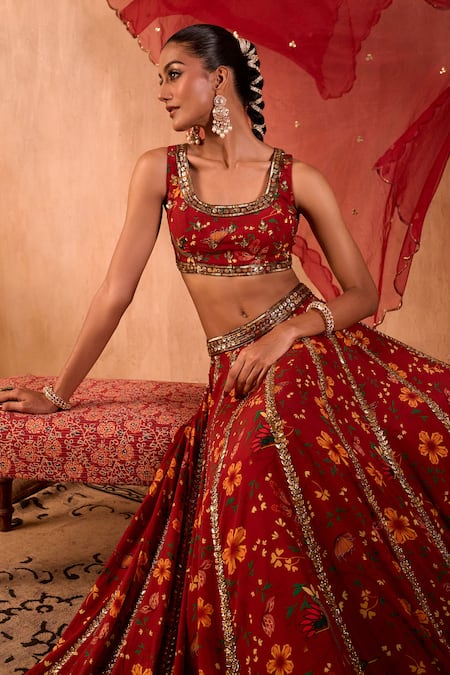 Buy_Mehak Murpana X AZA_Red Crepe, Organza Embroidery, Zari Square Neck Floral Print Lehenga Set 
