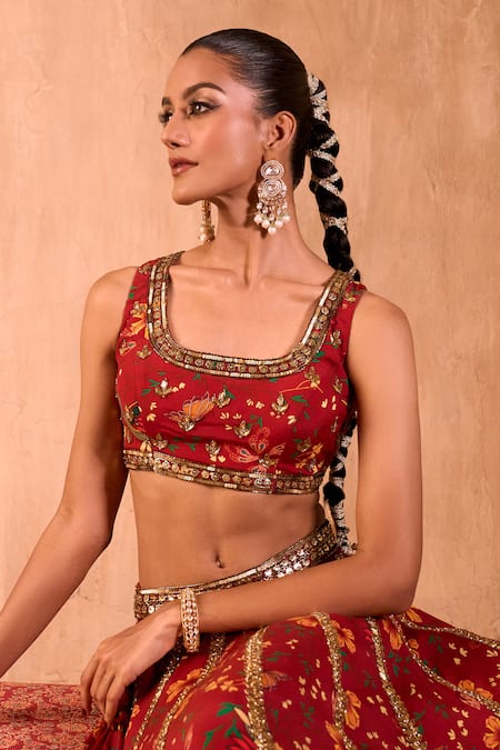 Shop_Mehak Murpana X AZA_Red Crepe, Organza Embroidery, Zari Square Neck Floral Print Lehenga Set 