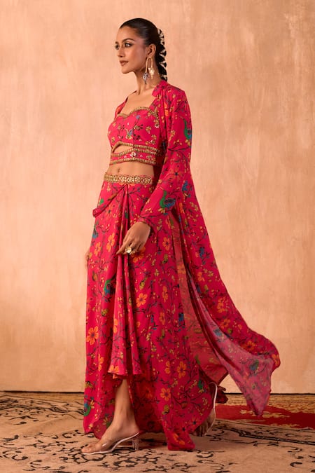 Buy_Mehak Murpana X AZA_Pink Crepe Embroidery Sweetheart Neck, Floral Print Draped Skirt And Jacket Set _Online_at_Aza_Fashions