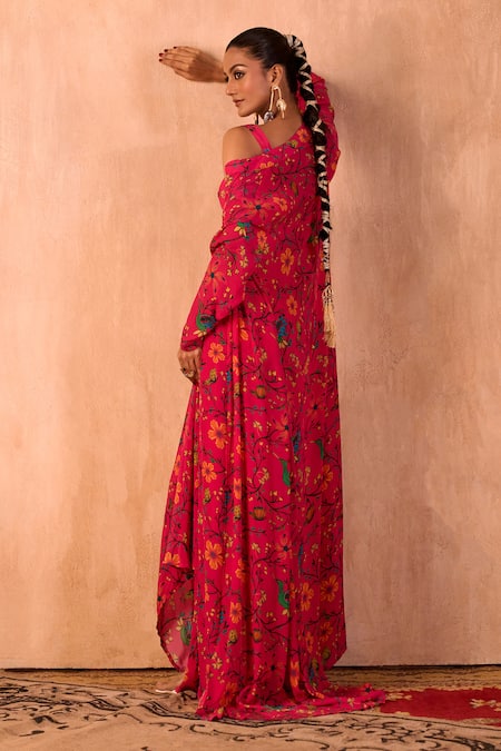 Mehak Murpana X AZA_Pink Crepe Embroidery Sweetheart Neck, Floral Print Draped Skirt And Jacket Set _Online_at_Aza_Fashions