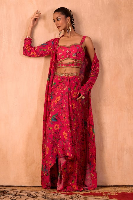Shop_Mehak Murpana X AZA_Pink Crepe Embroidery Sweetheart Neck, Floral Print Draped Skirt And Jacket Set _Online_at_Aza_Fashions