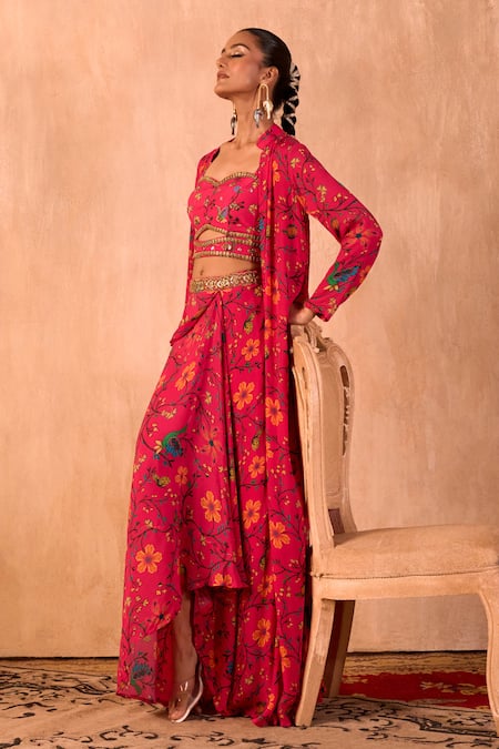 Mehak Murpana X AZA_Pink Crepe Embroidery Sweetheart Neck, Floral Print Draped Skirt And Jacket Set _at_Aza_Fashions