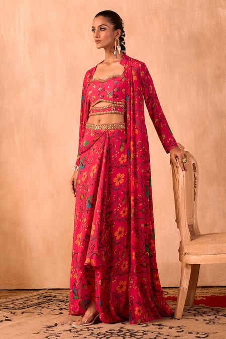 Buy_Mehak Murpana X AZA_Pink Crepe Embroidery Sweetheart Neck, Floral Print Draped Skirt And Jacket Set 