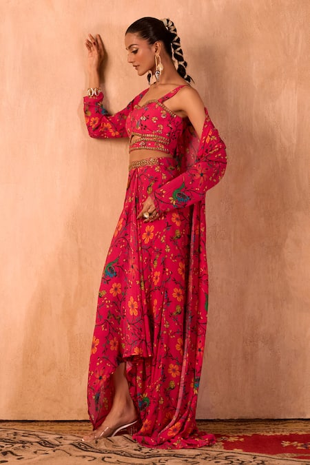 Shop_Mehak Murpana X AZA_Pink Crepe Embroidery Sweetheart Neck, Floral Print Draped Skirt And Jacket Set 