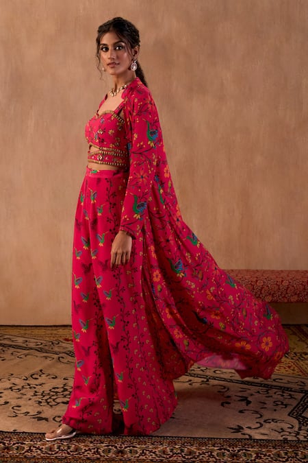 Buy_Mehak Murpana X AZA_Pink Crepe Embroidery Sweetheart , Open Floral Print Jacket Palazzo Set _Online_at_Aza_Fashions