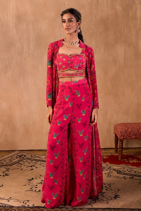 Shop_Mehak Murpana X AZA_Pink Crepe Embroidery Sweetheart , Open Floral Print Jacket Palazzo Set _Online_at_Aza_Fashions