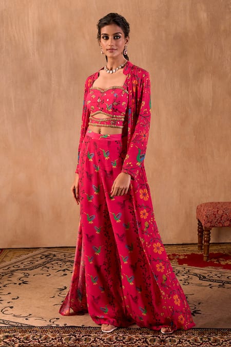Mehak Murpana X AZA_Pink Crepe Embroidery Sweetheart , Open Floral Print Jacket Palazzo Set _at_Aza_Fashions