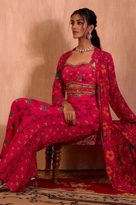Buy_Mehak Murpana X AZA_Pink Crepe Embroidery Sweetheart , Open Floral Print Jacket Palazzo Set 
