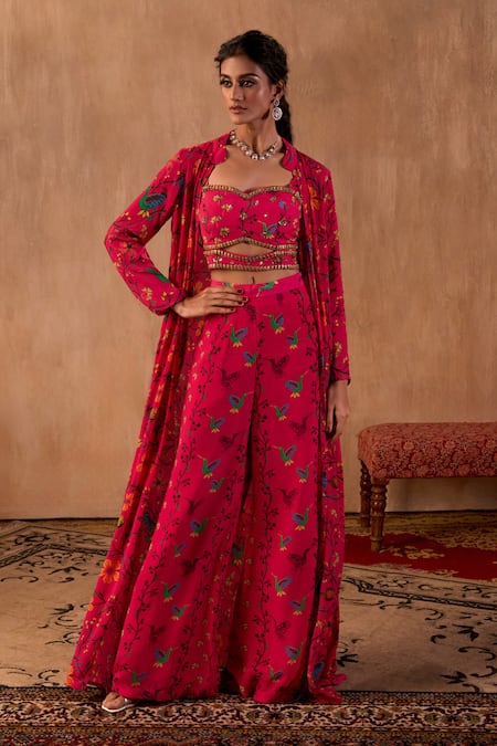 Shop_Mehak Murpana X AZA_Pink Crepe Embroidery Sweetheart , Open Floral Print Jacket Palazzo Set 