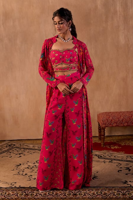 Mehak Murpana X AZA_Pink Crepe Embroidery Sweetheart , Open Floral Print Jacket Palazzo Set _Online_at_Aza_Fashions