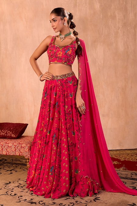 Mehak Murpana X AZA_Pink Crepe, Georgette Embroidery Leaf Neck Floral Print Lehenga Set _Online_at_Aza_Fashions