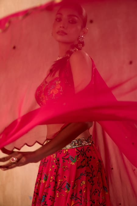 Buy_Mehak Murpana X AZA_Pink Crepe, Georgette Embroidery Leaf Neck Floral Print Lehenga Set _Online_at_Aza_Fashions