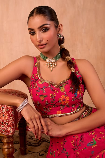 Shop_Mehak Murpana X AZA_Pink Crepe, Georgette Embroidery Leaf Neck Floral Print Lehenga Set _Online_at_Aza_Fashions