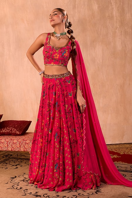 Mehak Murpana X AZA_Pink Crepe, Georgette Embroidery Leaf Neck Floral Print Lehenga Set _at_Aza_Fashions