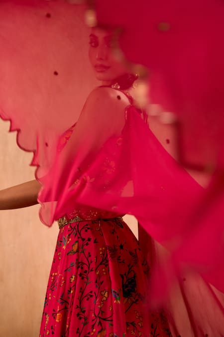 Buy_Mehak Murpana X AZA_Pink Crepe, Georgette Embroidery Leaf Neck Floral Print Lehenga Set 