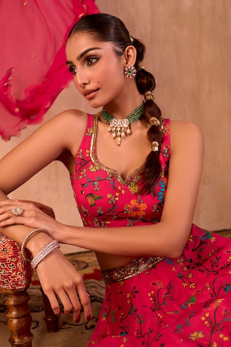 Shop_Mehak Murpana X AZA_Pink Crepe, Georgette Embroidery Leaf Neck Floral Print Lehenga Set 