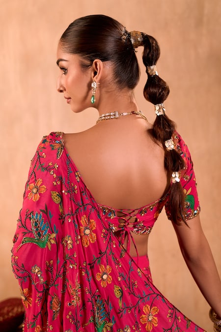 Buy Mehak Murpana X AZA Pink Crepe Embroidery V-neck Floral Print Pre-draped Saree With Blouse Online at Aza Fashions Buy_Mehak Murpana X AZA_Pink Crepe Embroidery V-neck Floral Print Pre-draped Saree With Blouse _Online_at_Aza_Fashions
