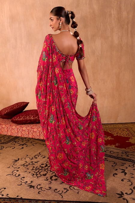 Mehak Murpana X AZA Pink Crepe Embroidery V-neck Floral Print Pre-draped Saree With Blouse Online at Aza Fashions Mehak Murpana X AZA_Pink Crepe Embroidery V-neck Floral Print Pre-draped Saree With Blouse _Online_at_Aza_Fashions