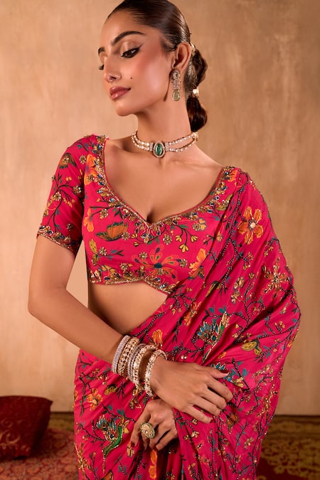 Shop Mehak Murpana X AZA Pink Crepe Embroidery V-neck Floral Print Pre-draped Saree With Blouse Online at Aza Fashions Shop_Mehak Murpana X AZA_Pink Crepe Embroidery V-neck Floral Print Pre-draped Saree With Blouse _Online_at_Aza_Fashions