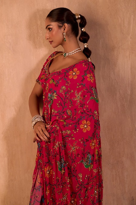 Buy Mehak Murpana X AZA Pink Crepe Embroidery V-neck Floral Print Pre-draped Saree With Blouse Buy_Mehak Murpana X AZA_Pink Crepe Embroidery V-neck Floral Print Pre-draped Saree With Blouse