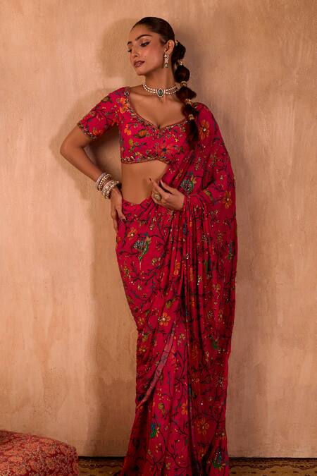 Shop Mehak Murpana X AZA Pink Crepe Embroidery V-neck Floral Print Pre-draped Saree With Blouse Shop_Mehak Murpana X AZA_Pink Crepe Embroidery V-neck Floral Print Pre-draped Saree With Blouse