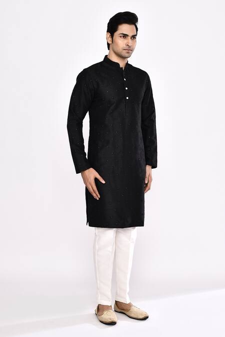 Shop_Arihant Rai Sinha_Black Silk Blend Long Kurta _Online_at_Aza_Fashions