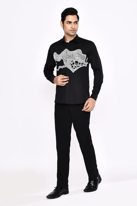 Aryavir Malhotra_Black Cotton Embroidery Printed Blend Shirt _Online_at_Aza_Fashions