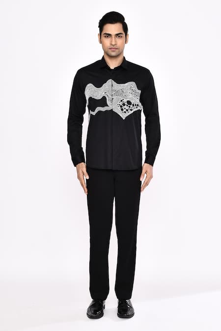 Buy_Aryavir Malhotra_Black Cotton Embroidery Printed Blend Shirt _Online_at_Aza_Fashions