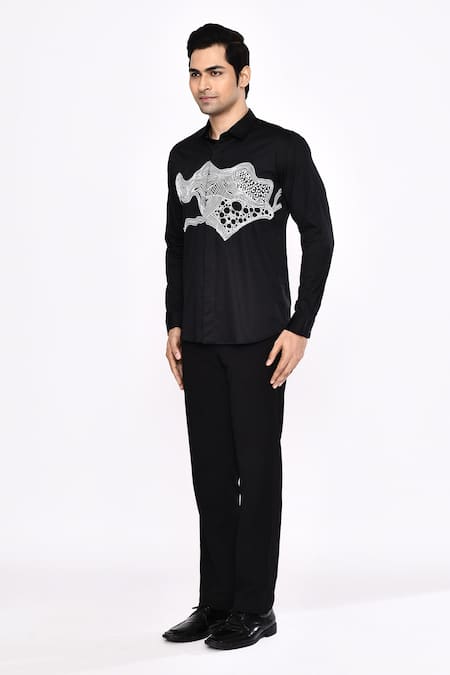 Shop_Aryavir Malhotra_Black Cotton Embroidery Printed Blend Shirt _Online_at_Aza_Fashions