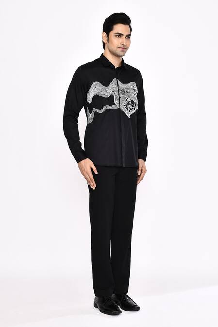 Aryavir Malhotra_Black Cotton Embroidery Printed Blend Shirt _at_Aza_Fashions
