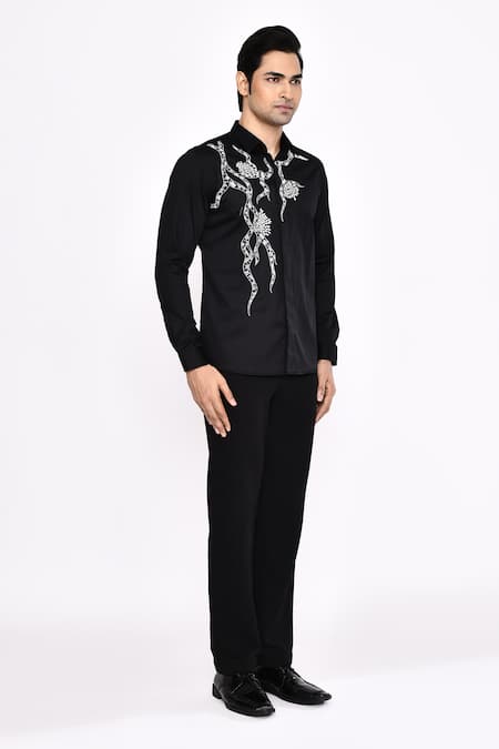 Buy_Aryavir Malhotra_Black Cotton Printed Blend Shirt _Online_at_Aza_Fashions