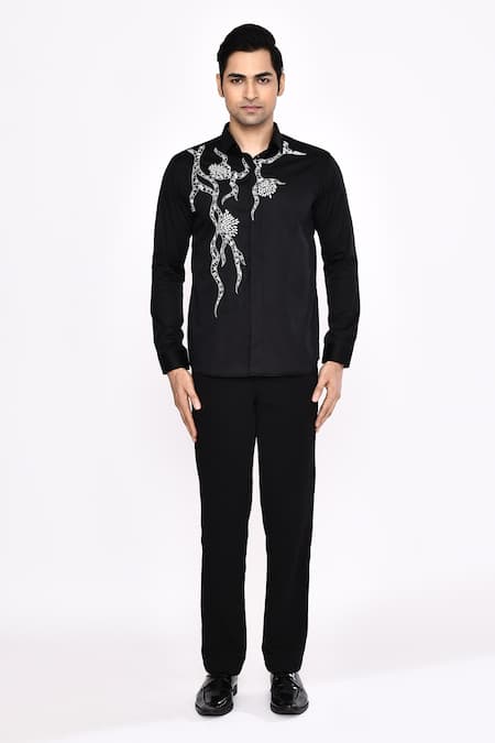 Shop_Aryavir Malhotra_Black Cotton Printed Blend Shirt _Online_at_Aza_Fashions