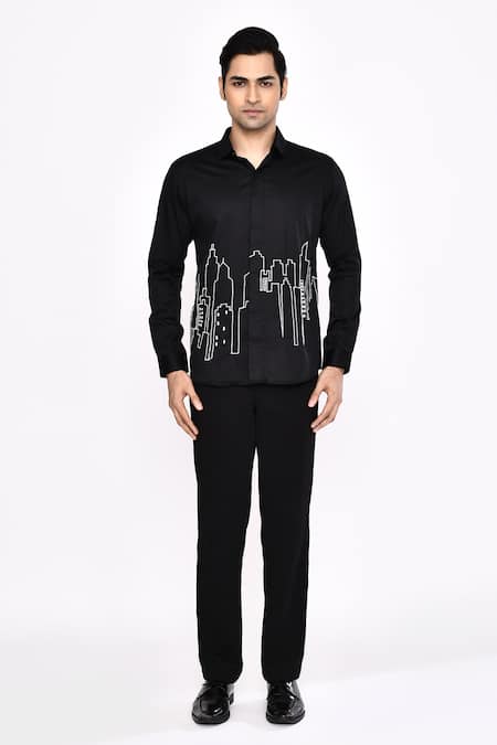 Shop_Aryavir Malhotra_Black Cotton Printed Blend Shirt _Online_at_Aza_Fashions