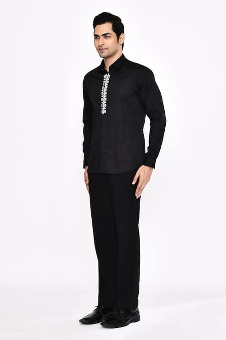 Buy_Aryavir Malhotra_Black Cotton Printed Blend Shirt _Online_at_Aza_Fashions