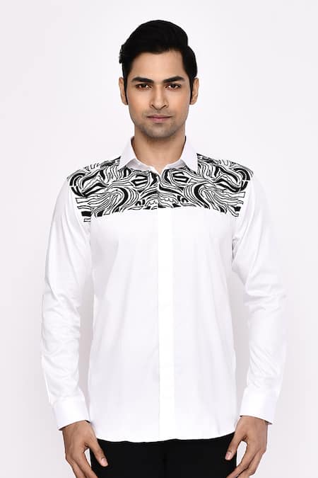 Aryavir Malhotra Printed White Cotton Blend Shirt 