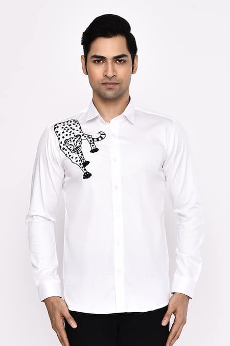 Aryavir Malhotra Printed White Cotton Blend Shirt 