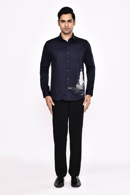 Buy_Aryavir Malhotra_Black Cotton Printed Blend Shirt _Online_at_Aza_Fashions