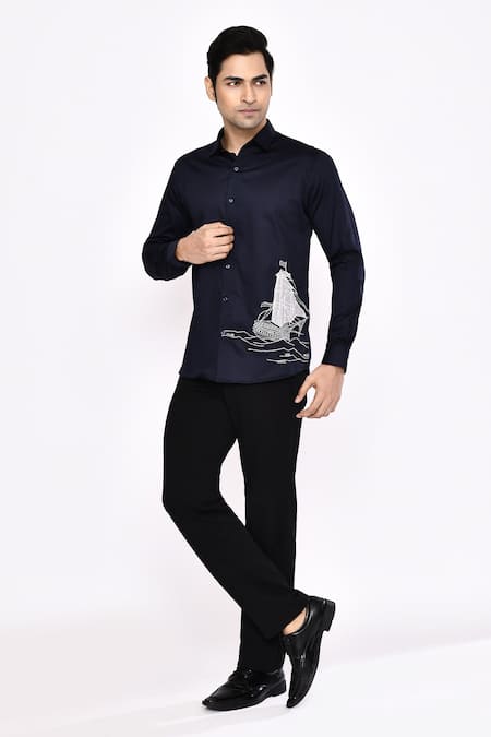 Shop_Aryavir Malhotra_Black Cotton Printed Blend Shirt _Online_at_Aza_Fashions