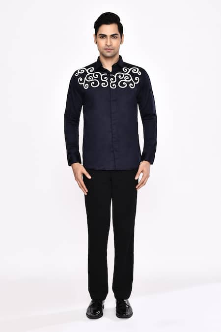 Shop_Aryavir Malhotra_Black Cotton Printed Blend Shirt _Online_at_Aza_Fashions