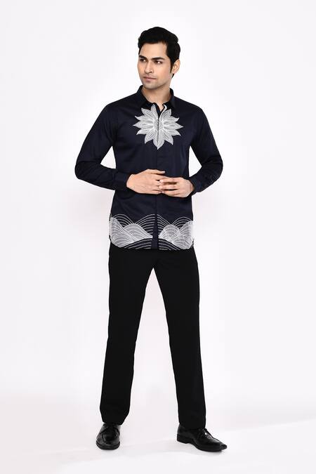 Aryavir Malhotra_Navy Cotton Embroidery Black Printed Blend Shirt _Online_at_Aza_Fashions