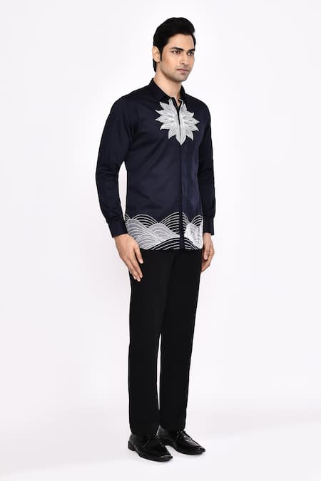 Buy_Aryavir Malhotra_Navy Cotton Embroidery Black Printed Blend Shirt _Online_at_Aza_Fashions